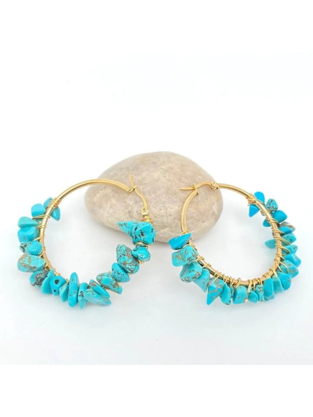 18k Gold Plated Natural Turquoise Stone Hoop Earrings